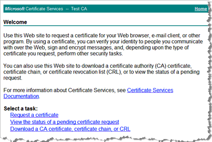 Microsoft Certificate Services Welcome page with a Select a task section